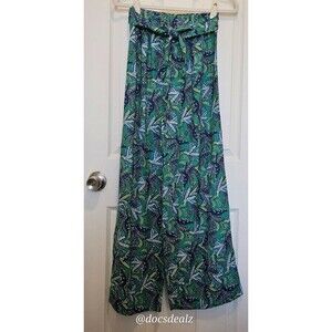 Midnight Sky Belted Flare Pants Green and Navy Jungle Print Size M